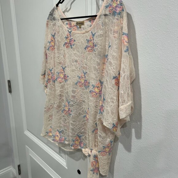 Democracy Womens Floral Lace Tie-Front Detail Semi-Sheer Blouse Size L Boho Chic - Picture 3 of 10